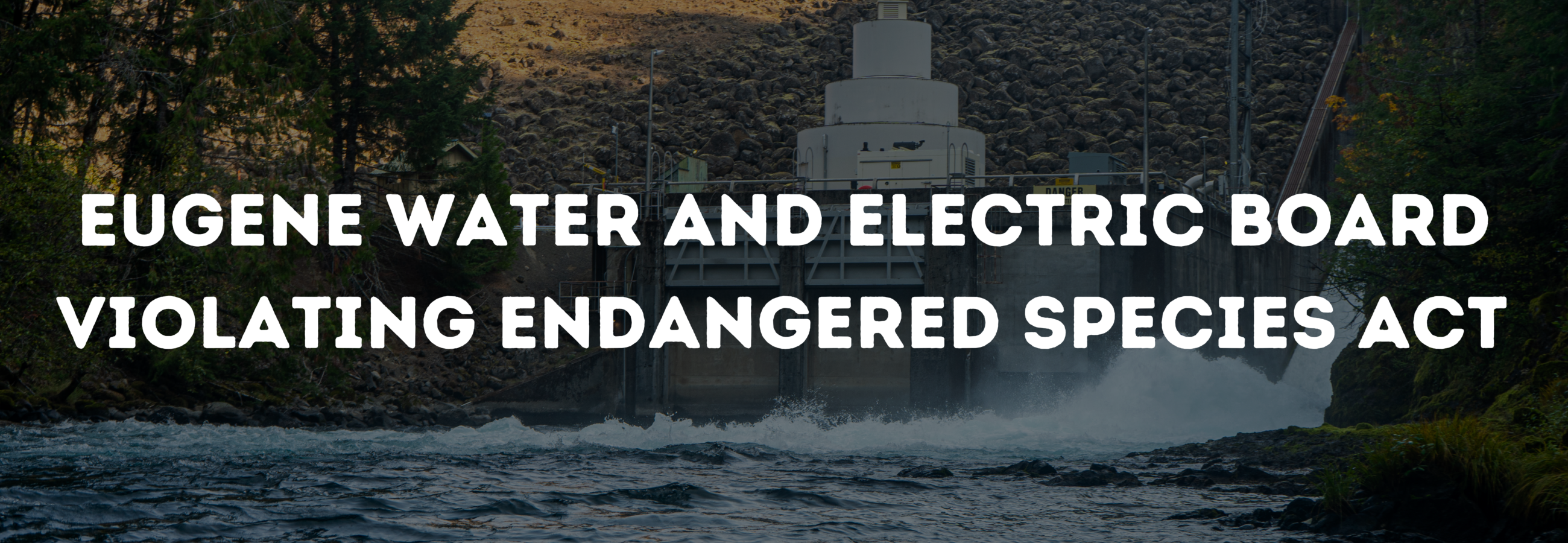 The Carmen Smith Hydro-electric project sits in the background, darkened. Overlaid text reads: Eugene Water and Electric Board Violating Endangered Species Act
