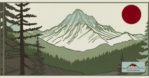 Green and blue sketch of a mountain. Trees stand in the left corner. Red sun. Blue peak in the background.